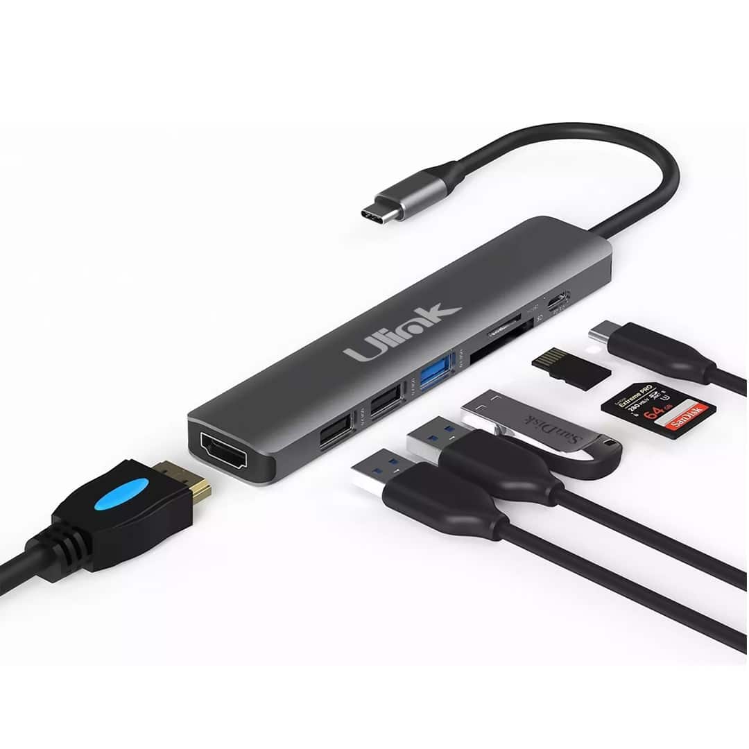 Adaptador multipuerto USB C 7 en 1 USB3.0, HDMI, SD, MicroSD, USB 2.0, PD3.0, Aluminio / UL-ADC701HRD