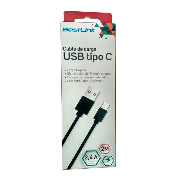 Cable de carga USB tipo C carga rápida de 2.4amp, color negro , 2 mts Bestlink BW*