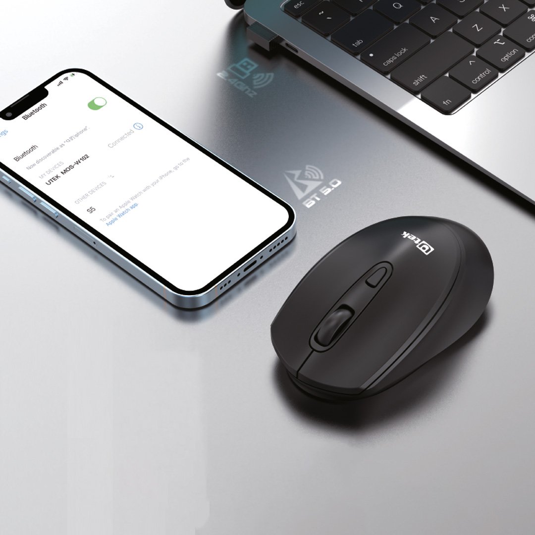 Mouse Inalámbrico Utek UT-MOW100 | Dual Bluetooth 5.0 y 2.4GHz | DPI Ajustable 800-1600 | Ergonómico Ambidiestro Mouse Inalámbrico Utek UT-MOW100