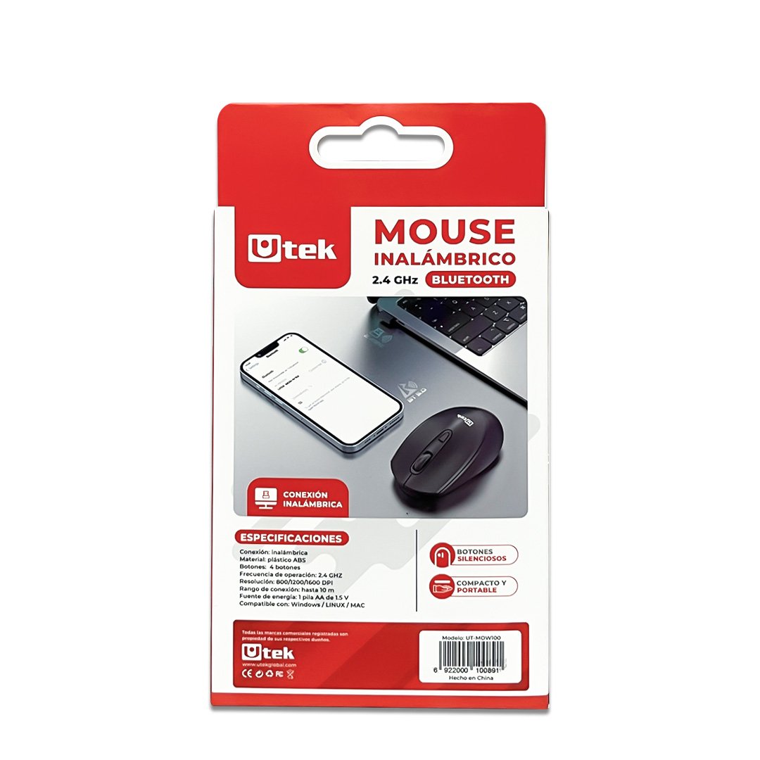 Mouse Inalámbrico Utek UT-MOW100 | Dual Bluetooth 5.0 y 2.4GHz | DPI Ajustable 800-1600 | Ergonómico Ambidiestro Mouse Inalámbrico Utek UT-MOW100