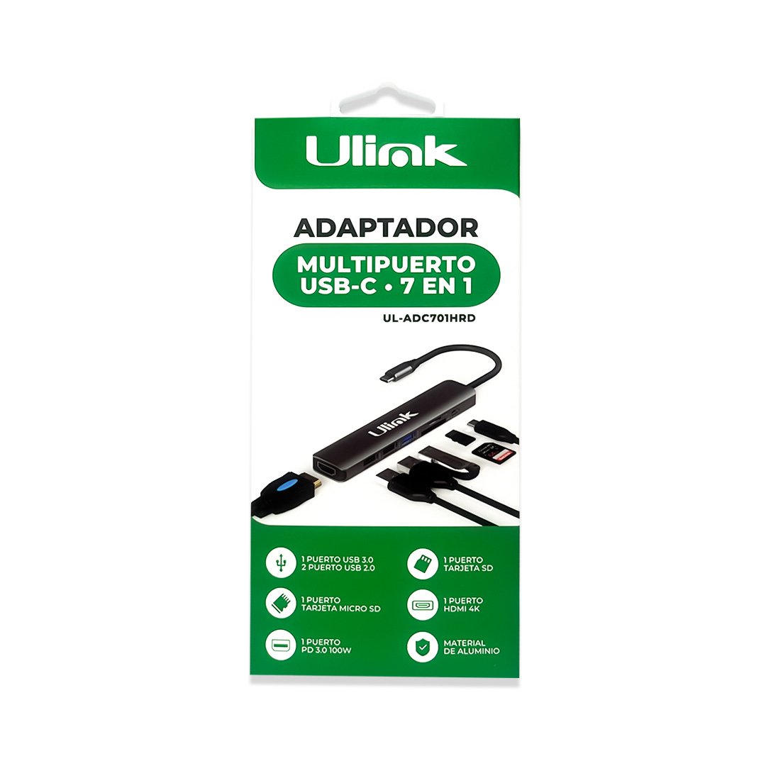 Hub Multipuerto USB-C 7 en 1 Ulink UL-ADC701HRD | HDMI 4K | Lector SD/MicroSD | USB 3.0 | USB 2.0 | Carga PD 100W | Aluminio Hub Multipuerto USB-C 7 en 1 Ulink UL-ADC701HRD