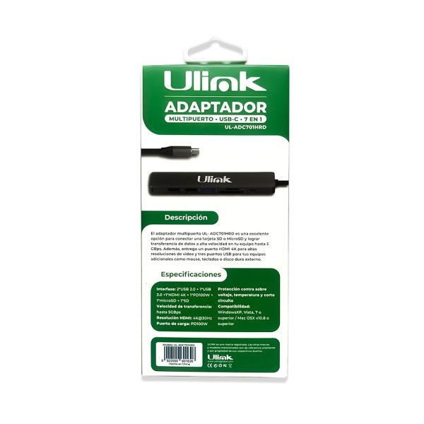 Hub Multipuerto USB-C 7 en 1 Ulink UL-ADC701HRD | HDMI 4K | Lector SD/MicroSD | USB 3.0 | USB 2.0 | Carga PD 100W | Aluminio Hub Multipuerto USB-C 7 en 1 Ulink UL-ADC701HRD