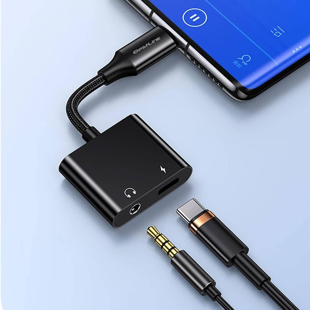 Adaptador USB C a USB C + Audio 3.5mm Bestlink BL-AD260A | Carga Rápida y Auriculares Simultáneos | 120mm Adaptador USB C a USB C + Audio 3.5mm Bestlink BL-AD260A