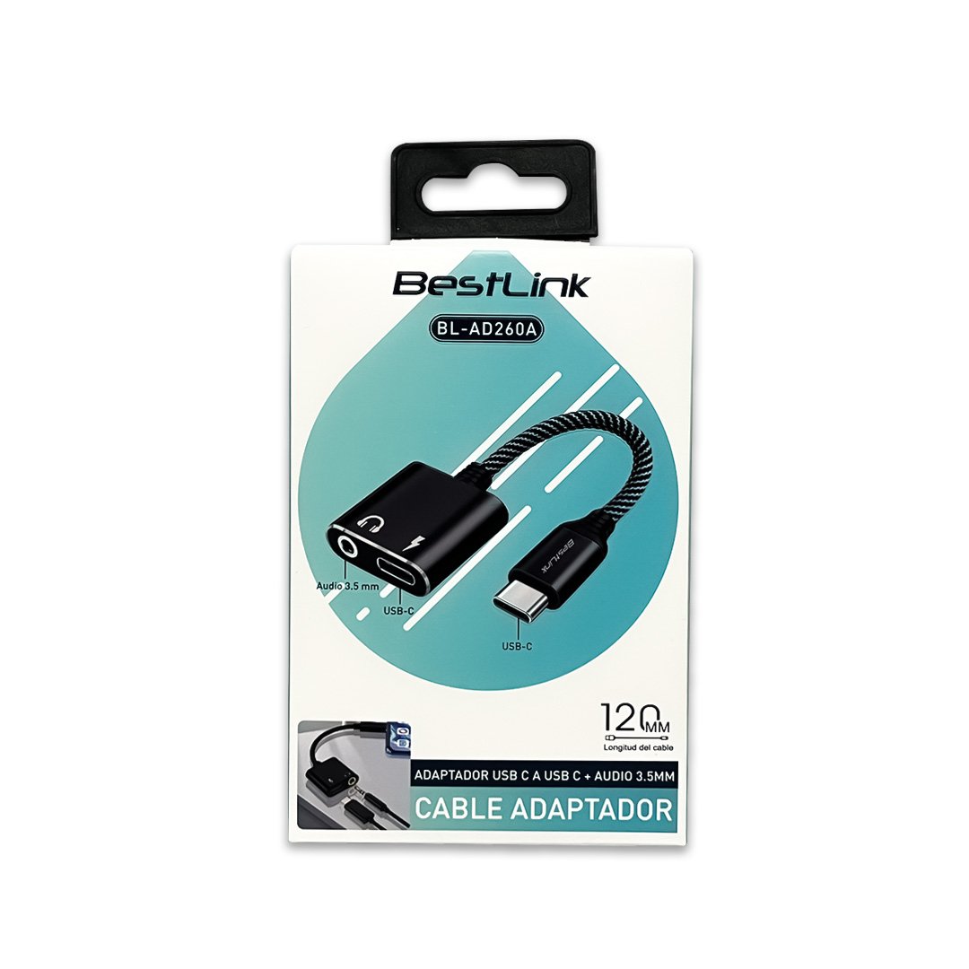 Adaptador USB C a USB C + Audio 3.5mm Bestlink BL-AD260A | Carga Rápida y Auriculares Simultáneos | 120mm Adaptador USB C a USB C + Audio 3.5mm Bestlink BL-AD260A