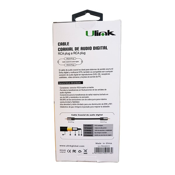 Cable de Audio Coaxial Digital Ulink UL-PROADCX | RCA a RCA | 1.8 Metros | Alta Fidelidad | Home Theater Cable de Audio Coaxial Digital Ulink UL-PROADCX