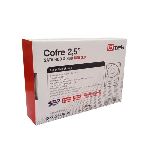 Cofre Externo Utek UT-HDD030SV | USB 3.0 | Para Discos SATA 2.5" SSD/HDD | Hasta 3TB | Plata Cofre Externo Utek UT-HDD030SV