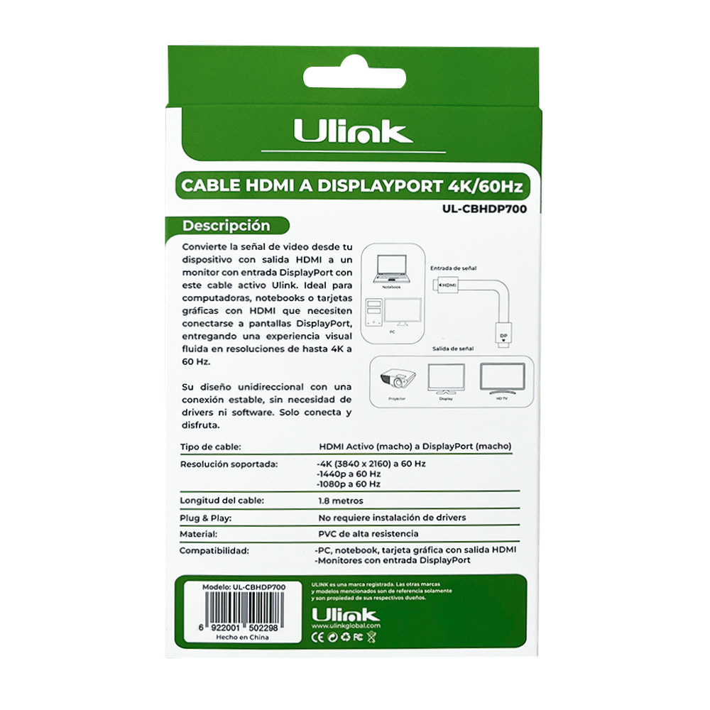 Cable HDMI a DisplayPort Genérico UL-CBHDP700 1.8m Cable HDMI a DisplayPort Genérico UL-CBHDP700 1.8m